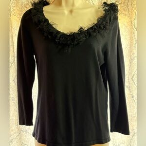 Sweater Works Black Tulle Ruffle Neck Top - 3/4 Sleeve Knit - Balletcore Medium